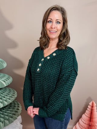 Hunter Green Thermal Henely Sweater Top With Buttons and Side Slits