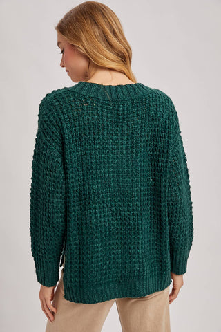 Hunter Green Thermal Henely Sweater Top With Buttons and Side Slits
