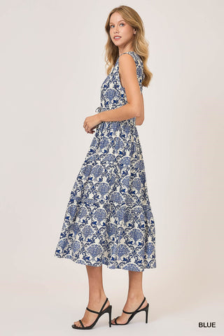 Blue and White Midi Dress with Abstract Print, V-Neckline, and Drawstring Details
