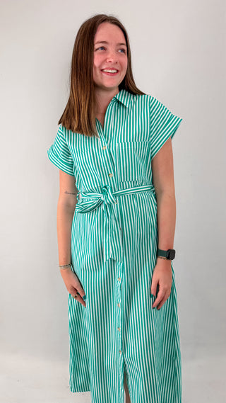 Green and White Striped Button Down Shirt Dress with Collar and Adjustable Tie Waist