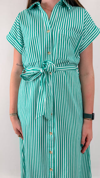 Green and White Striped Button Down Shirt Dress with Collar and Adjustable Tie Waist