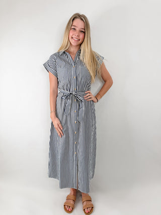 Navy and White Striped Button Down Shirt Dress with Collar and Adjustable Tie Waist