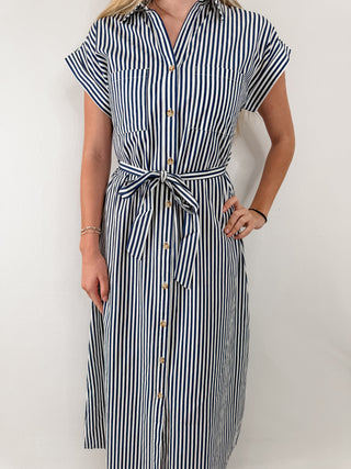 Navy and White Striped Button Down Shirt Dress with Collar and Adjustable Tie Waist