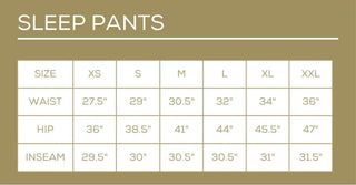 Sleep pants size chart with measurements on a beige background