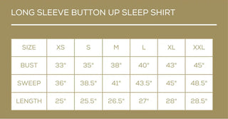 Size chart for long sleeve button-up sleep shirt with measurements in inches.