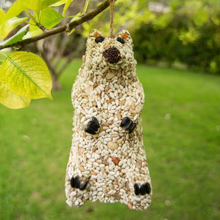 Bird feeder shaped like a bear hanging from a tree branch with a green lawn in the background