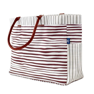 Stripe Durham Tote in White/Maroon/Gray. 17.5x13.5x6