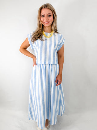 Blue and White striped matching skirt and top set with elastic waistband boat neckline. 