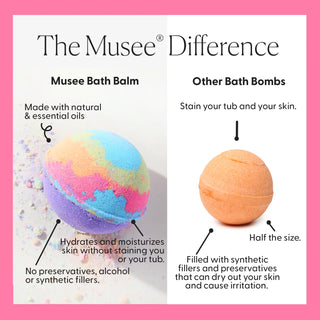 Comparison of Musee Bath Balm and other bath bombs with text highlighting benefits of Musee Bath Balm.