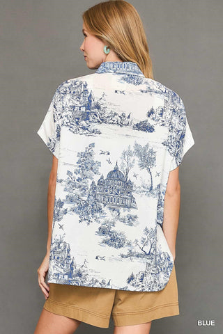 Blue and White Toile Landscape Printed Button Down Top with High Low Hemline