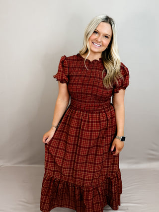 ROUND NECKLINE SHORT PUFF SLEEVES OPEN BACK BACK NECK SELF TIE SMOCKED BODICE RUFFLE HEM RUFFLE TRIM PLAID PATTERN MIDI DRESS LINED