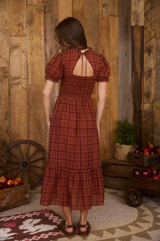 ROUND NECKLINE SHORT PUFF SLEEVES OPEN BACK BACK NECK SELF TIE SMOCKED BODICE RUFFLE HEM RUFFLE TRIM PLAID PATTERN MIDI DRESS LINED
