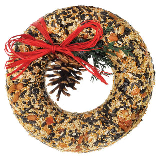 Birdseed wreath with a red bow and pinecones on a white background