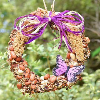 Birdseed wreath with purple butterfly decoration against a green background